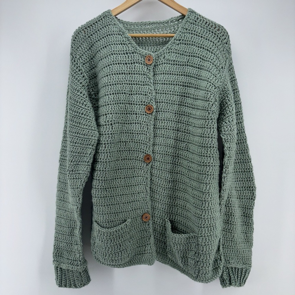 Crochet Handmade Women Knit‎ Cardigan Sweater Teal Green Granny Cottagecore Cozy